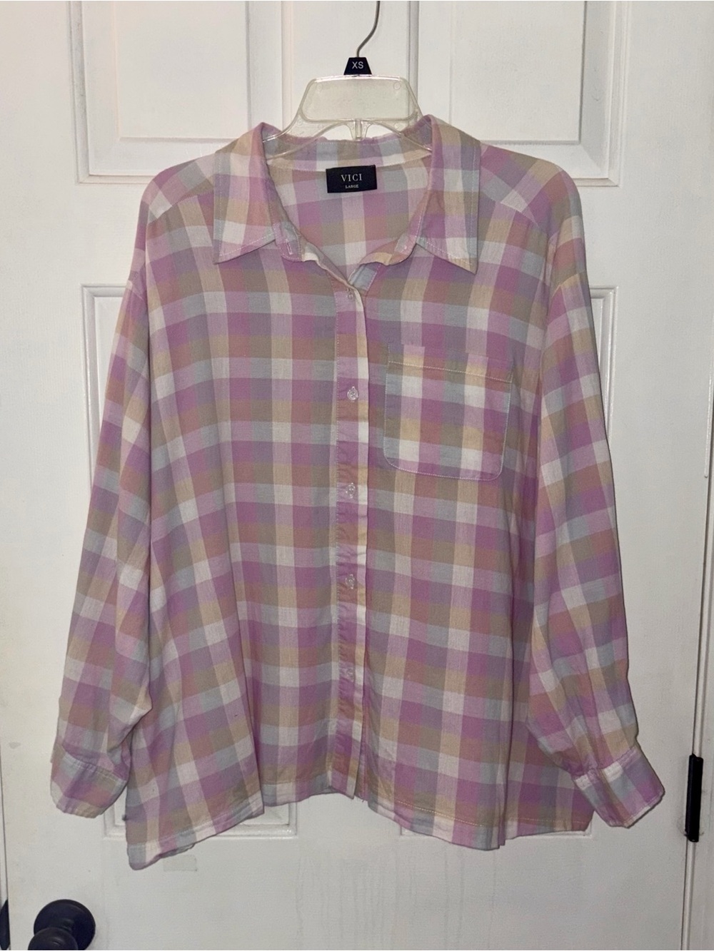 VICI Pastel Pink & Cream Plaid Button-Down Shirt